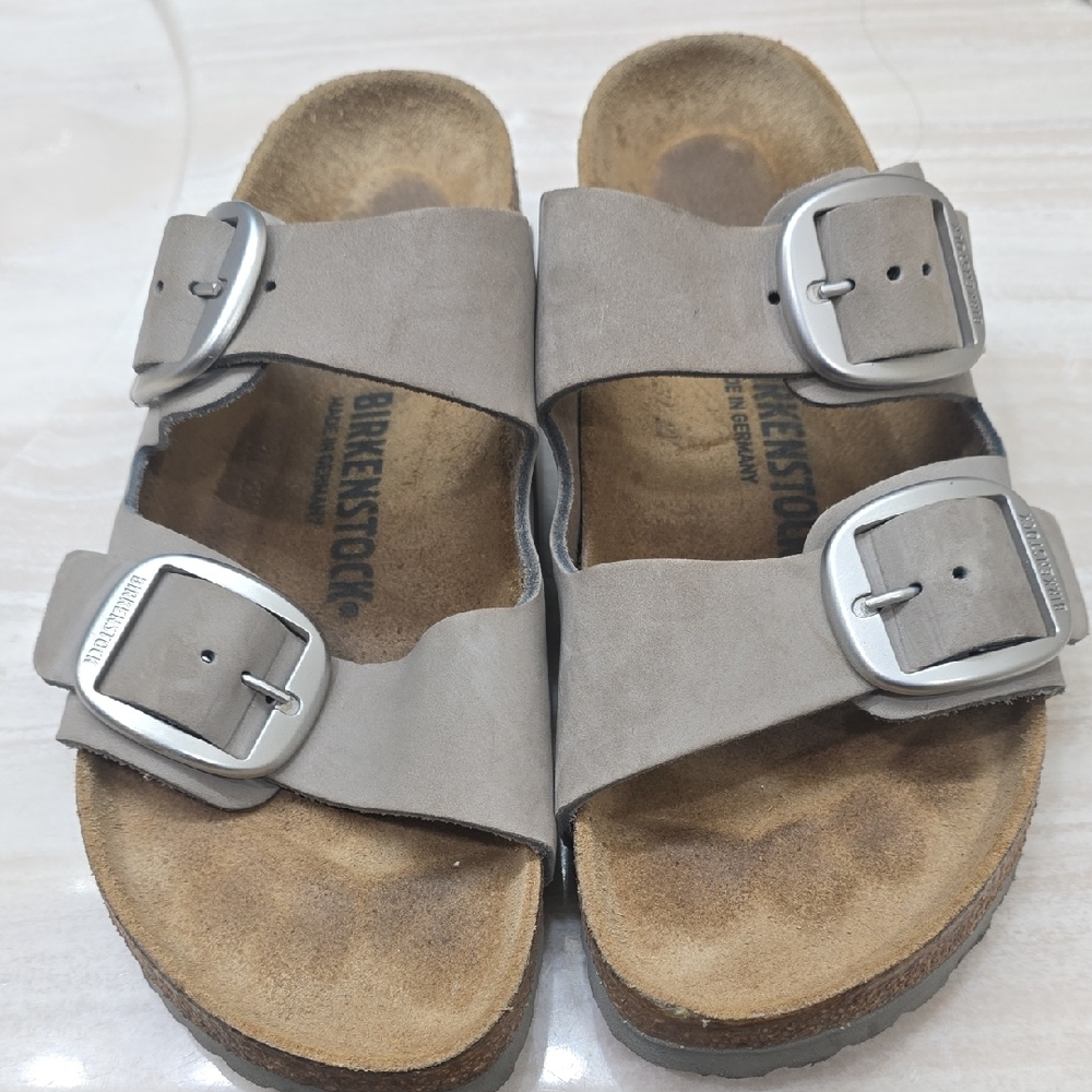 Birkenstock Grey Sandals with Metallic Buckles
